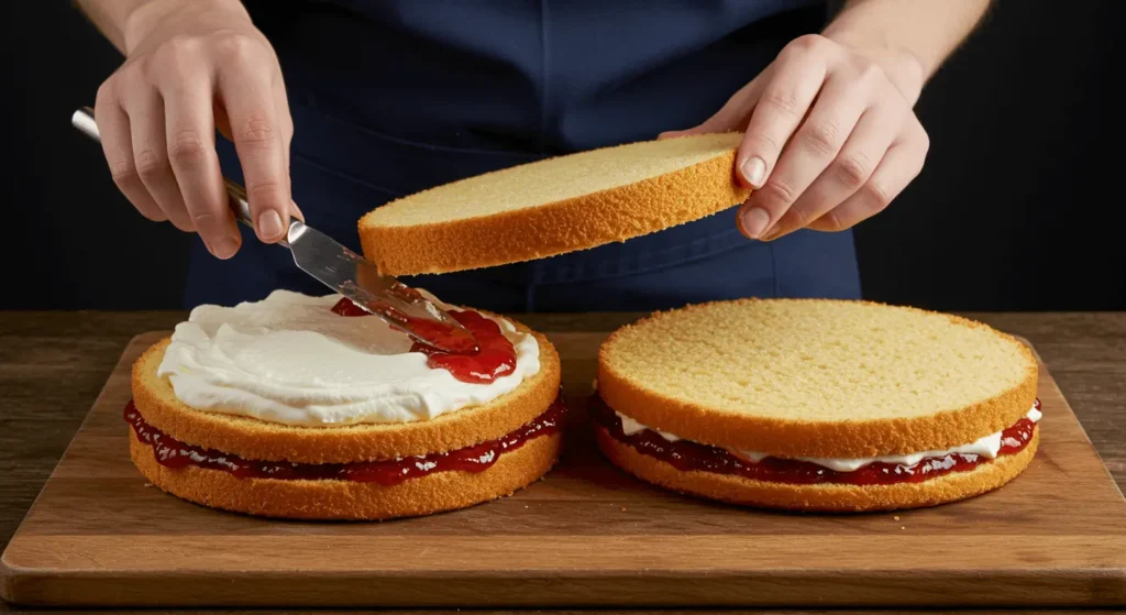 A person spreading jam and cream on a sponge cake layer during assembly.
