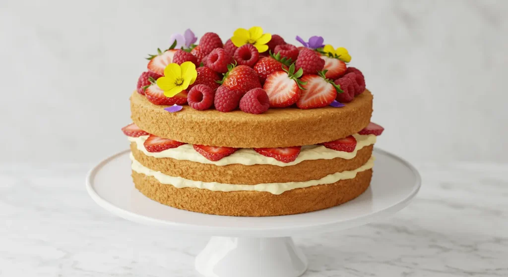 A decorated Victoria Sponge Cake topped with fresh strawberries, raspberries, and edible flowers.
