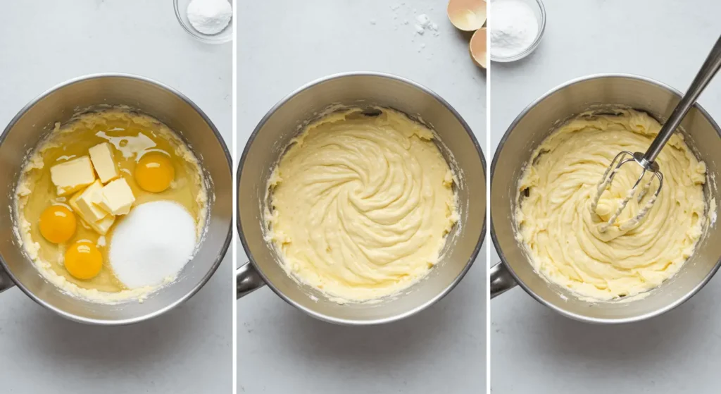 Ingredients for a Victoria Sponge Cake, including eggs, butter, and sugar in a mixing bowl.