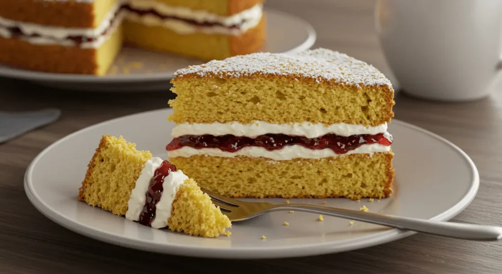 A close-up of a slice of Victoria Sponge Cake showing layers of jam and cream.
