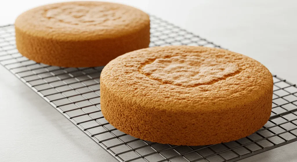 Two round sponge cakes cooling on a wire rack after baking.
