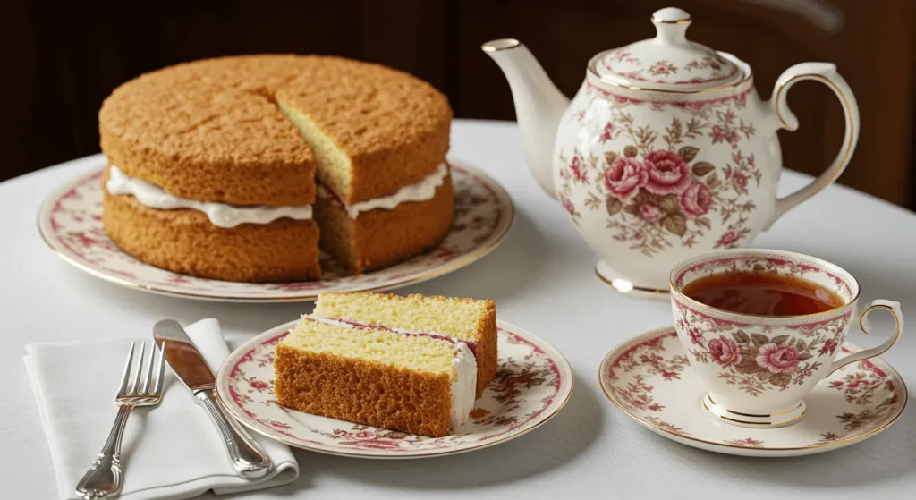 A sliced Victoria Sponge Cake on a vintage plate, served with a teapot and a cup of tea.
