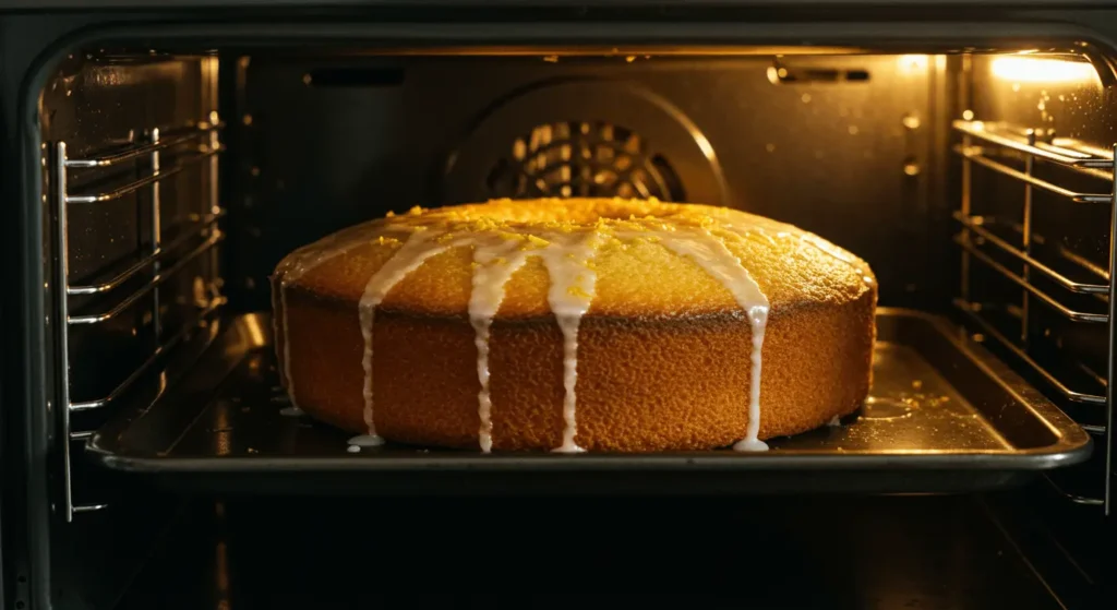 A Lemon Drizzle Cake rising in the oven.	