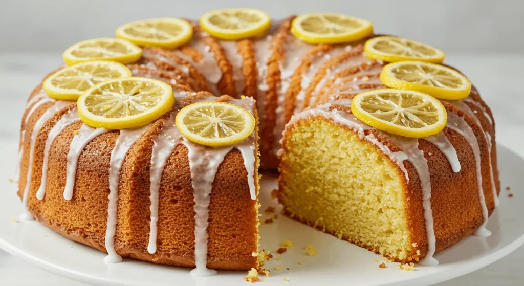 A Lemon Drizzle Cake decorated with candied lemon slices.	