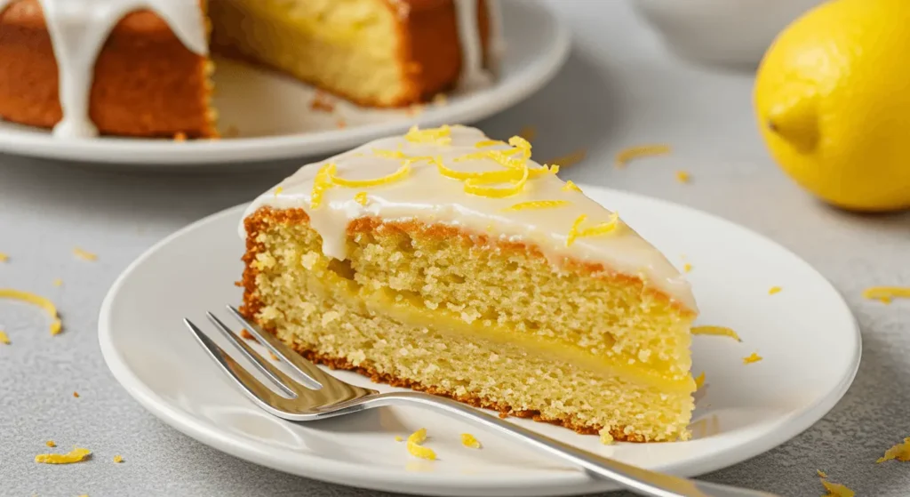 A slice of Lemon Drizzle Cake on a plate, garnished with zest.	