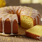 A Lemon Drizzle Cake with a glossy glaze on a rustic table.