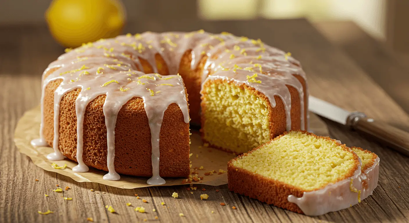 A Lemon Drizzle Cake with a glossy glaze on a rustic table.