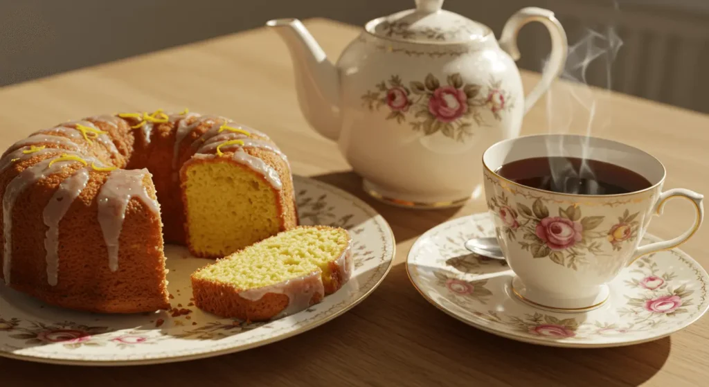 A sliced Lemon Drizzle Cake with a vintage tea setup.	