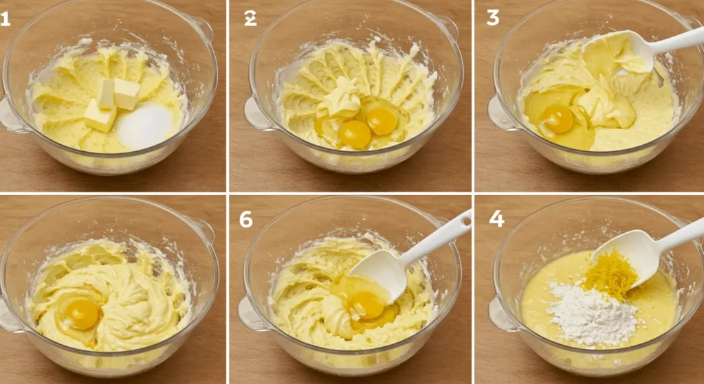 Ingredients for Lemon Drizzle Cake batter in a mixing bowl.	